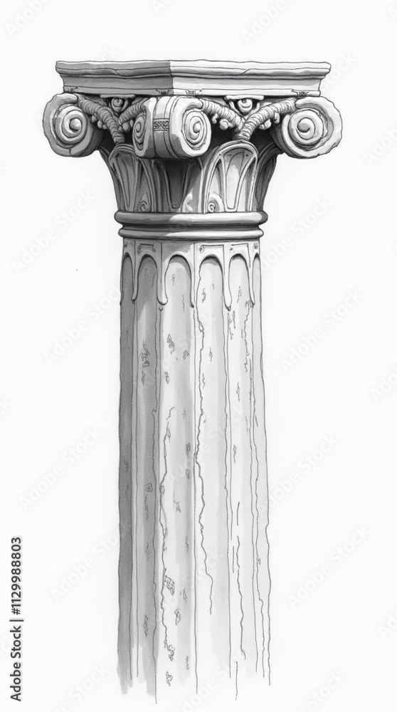 Pencil Sketch of Ancient Mesopotamian Column Capital Isolated on White Pencil Sketch of Ancient Mesopotamian Column Capital Isolated on White