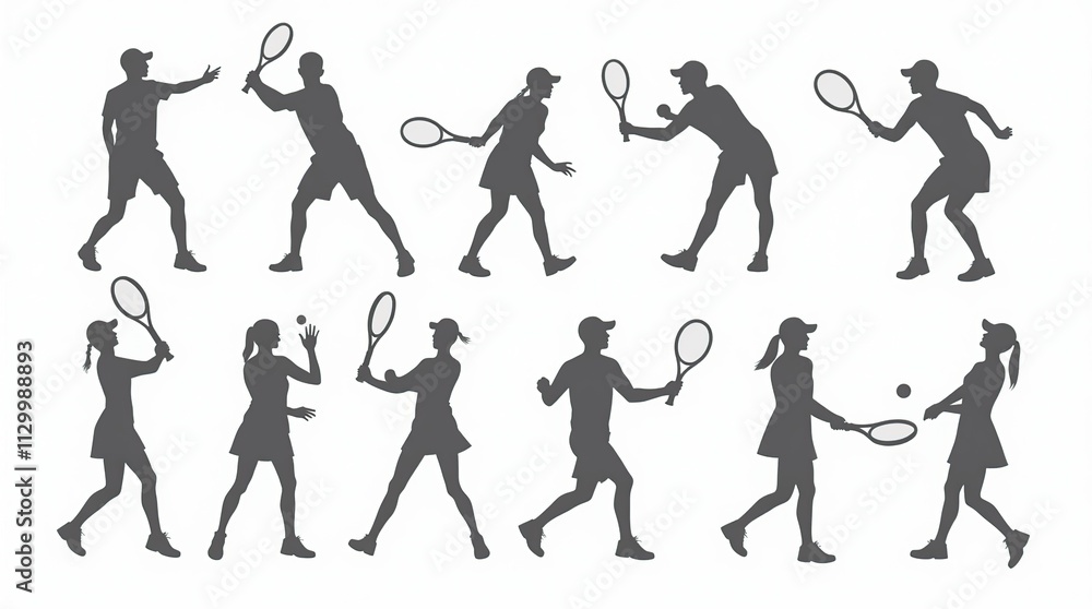 Silhouettes of Tennis Players in Dynamic Poses on White Background Silhouettes of Tennis Players in Dynamic Poses on White Background
