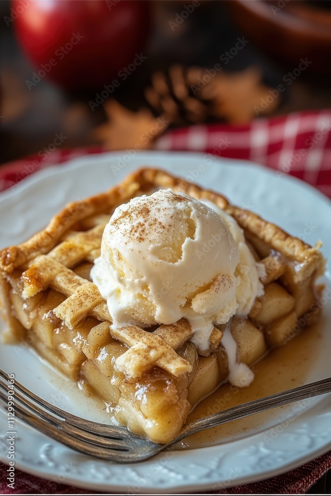 A slice of apple pie topped with vanilla ice cream on a plate, garnished with a fork. A slice of apple pie topped with vanilla ice cream on a plate, garnished with a fork.