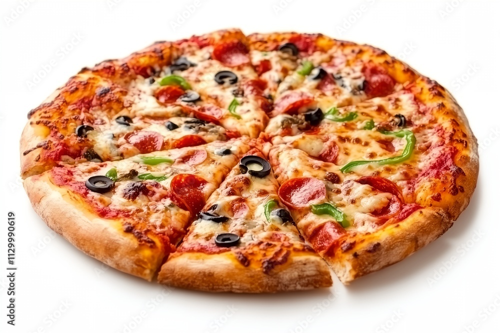 A slice of pepperoni pizza with olives and green peppers A slice of pepperoni pizza with olives and green peppers