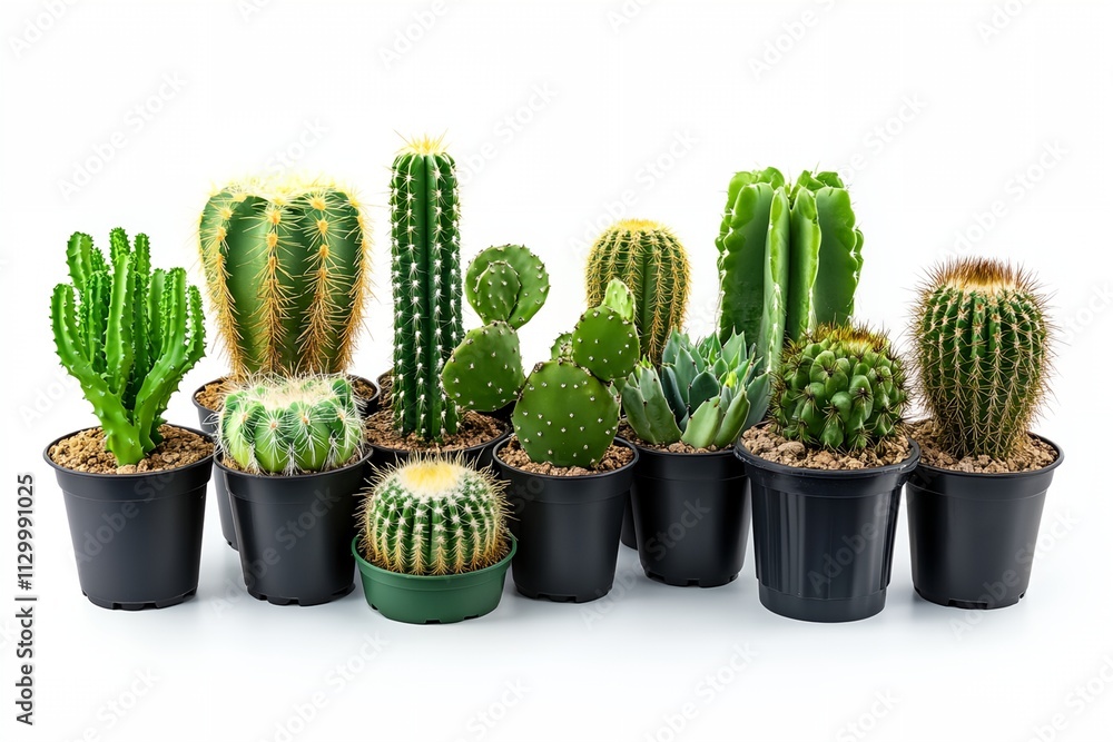 A row of potted cacti and succulents are lined up on a white background A row of potted cacti and succulents are lined up on a white background