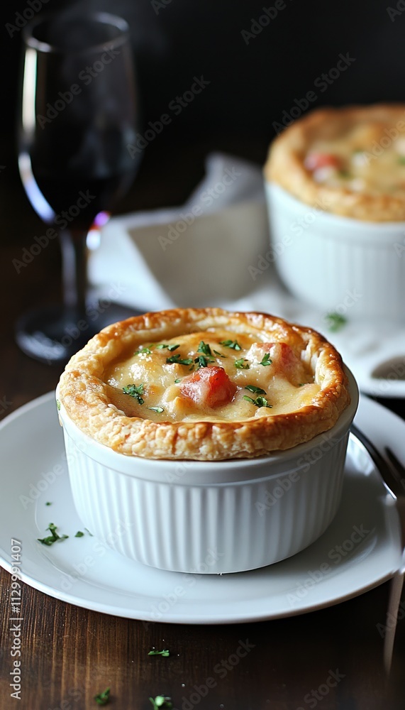 A delicious pot pie served in a ramekin, garnished with herbs and accompanied by a glass of wine. A delicious pot pie served in a ramekin, garnished with herbs and accompanied by a glass of wine.