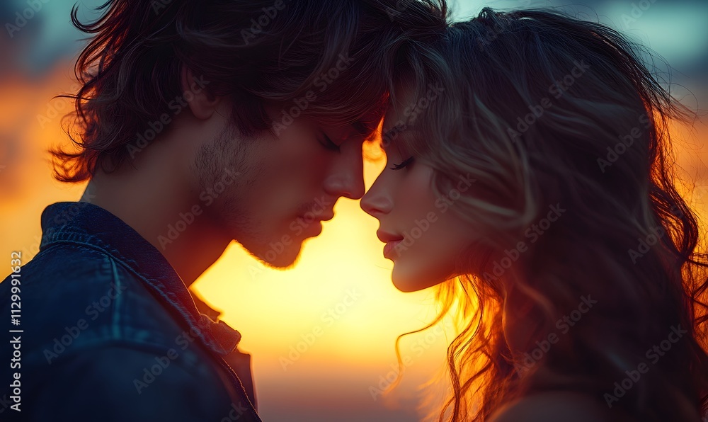 Silhouette of a young couple kissing against a sunset sky, a man holding a woman in his arms, a romantic love concept, a man with short hair and beard, a girl has curly long brown hair,
Silhouette of a young couple kissing against a sunset sky, a man holding a woman in his arms, a romantic love concept, a man with short hair and beard, a girl has curly long brown hair,