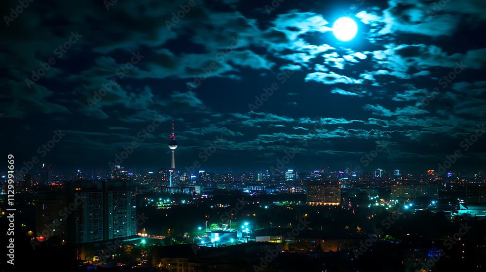 A nighttime cityscape featuring a vibrant skyline illuminated by moonlight, showcasing tall buildings and a prominent tower against a backdrop of dramatic clouds. A nighttime cityscape featuring a vibrant skyline illuminated by moonlight, showcasing tall buildings and a prominent tower against a backdrop of dramatic clouds.