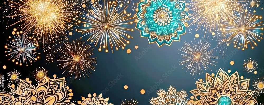 Fototapeta premium Colorful fireworks display with ornate floral patterns and shimmering sparkles against a dark blue background for festive celebrations and events