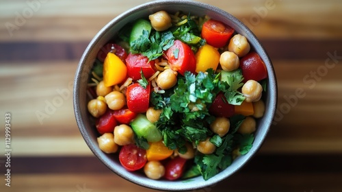 A colorful salad bowl filled with chickpeas, tomatoes, and fresh herbs.