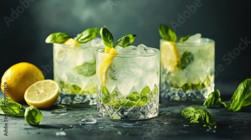 Wallpaper Mural Three refreshing cocktails with lemon and mint on a dark background. Torontodigital.ca
