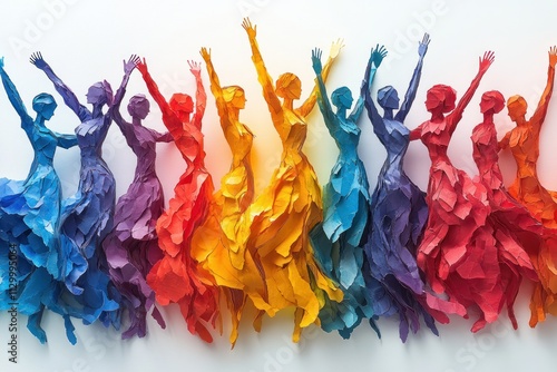 Diverse Crowd of Paper Cut-Out Figures in Bright Colors Celebrating Togetherness