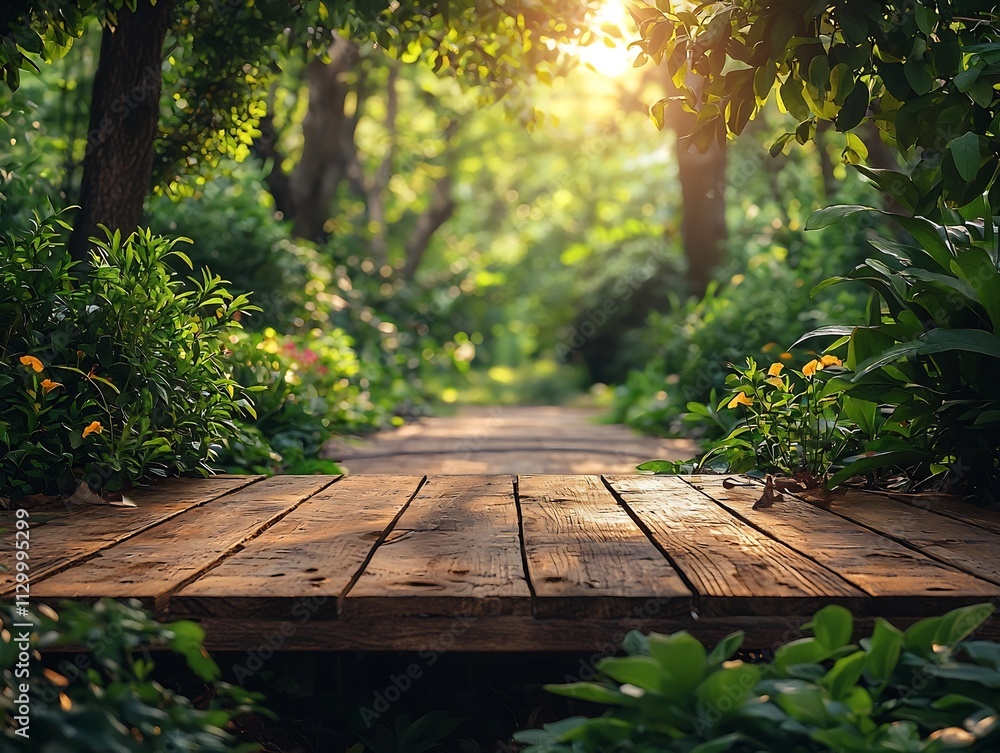 Wooden Table in Sunlit Forest Clearing for Eco Friendly Product Display Wooden Table in Sunlit Forest Clearing for Eco Friendly Product Display