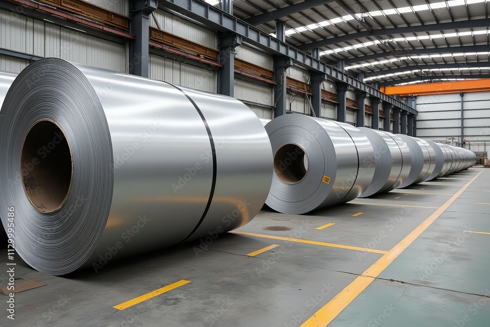 Metal coils stacked inside a large industrial warehouse Metal coils stacked inside a large industrial warehouse