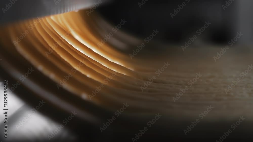Conveyor production of bagels. The rolled out dough moves along a conveyor for making bagels. Modern bakery. Conveyor production of bagels. The rolled out dough moves along a conveyor for making bagels. Modern bakery.