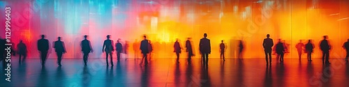 blurred business people walking in a conference hall at a trade fair or expo
