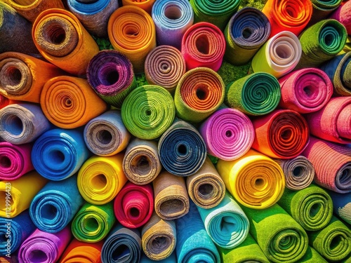 Vibrant aerial yoga mats photographed: rolled, colorful, ready for fitness.