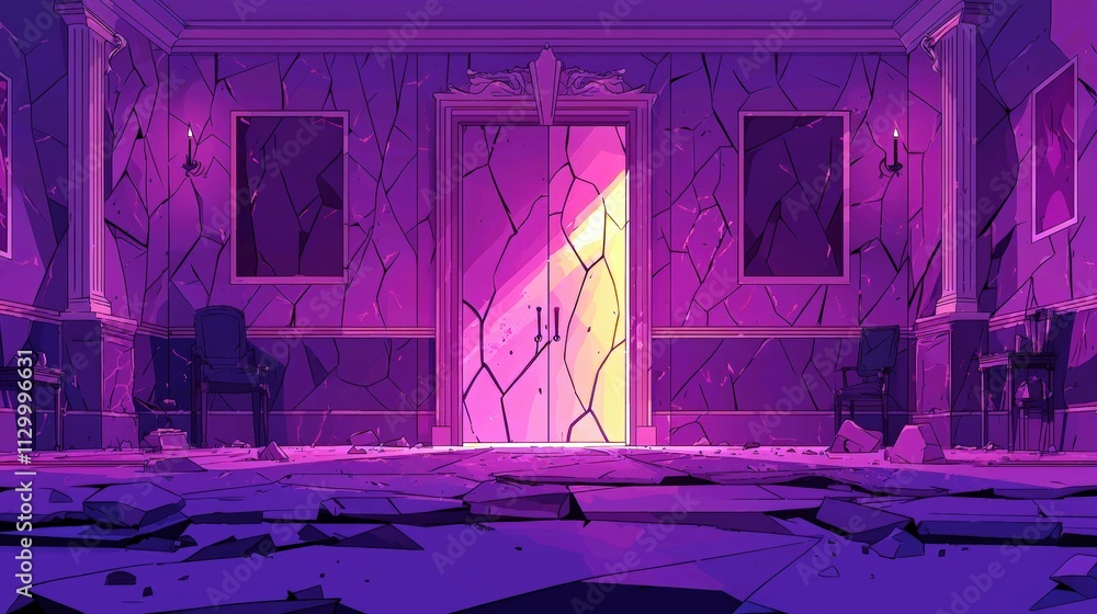 Mysterious Ruined Interior with Cracked Walls and Dim Pink Lighting Highlighting a Broken Doorway in an Abandoned Victorian Setting Mysterious Ruined Interior with Cracked Walls and Dim Pink Lighting Highlighting a Broken Doorway in an Abandoned Victorian Setting