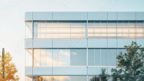 A cutting-edge AI-powered smart energy-efficient building facade, modern office building with integrated systems for controlling lighting, shading photo