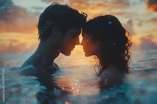 Silhouette of a young couple kissing against a sunset sky, a man holding a woman in his arms, a romantic love concept, a man with short hair and beard, a girl has curly long brown hair,


 photo