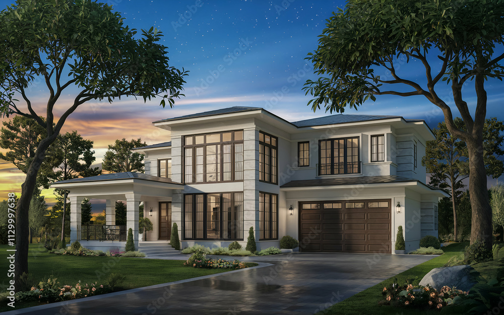 Obraz premium beautiful modern-style two-story white villa with large windows, a garage, and a beautiful outdoor garden surrounded by large trees. The villa is set against a backdrop of a blue sky at sunset.