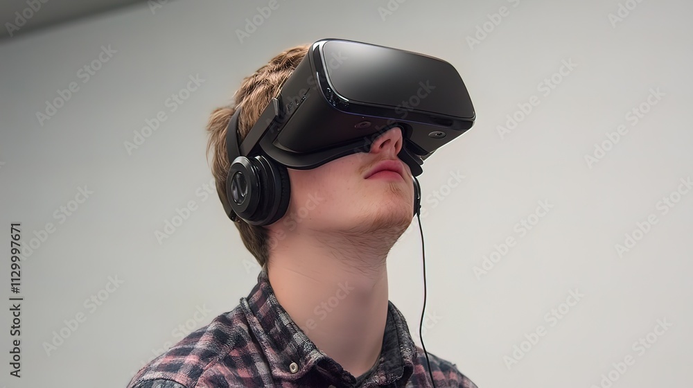 Naklejka premium Young man wearing VR headset, experiencing virtual reality.