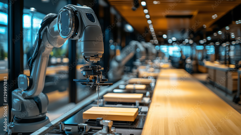 Fototapeta premium Robotic arms efficiently assembling components in modern factory setting, showcasing advanced automation technology. sleek design and precision highlight industrial innovation