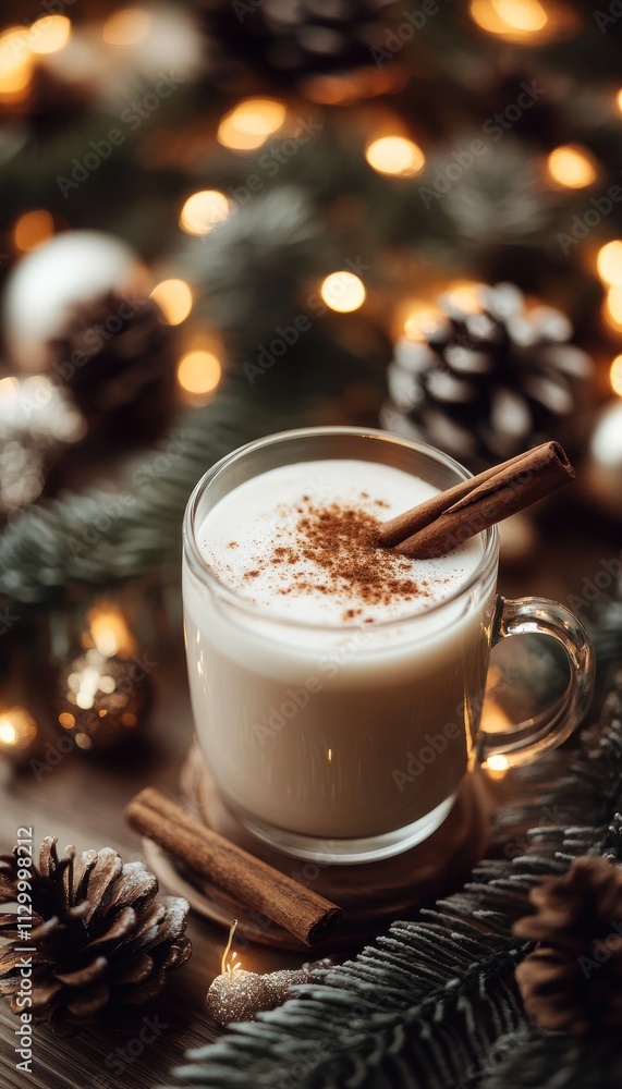 A cozy drink with cinnamon, surrounded by festive decorations and pinecones. A cozy drink with cinnamon, surrounded by festive decorations and pinecones.