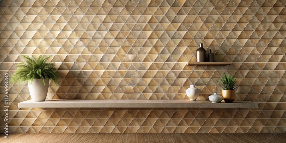 Obraz premium Modern interior design featuring a geometric triangular tile wall with decorative shelves and potted plants