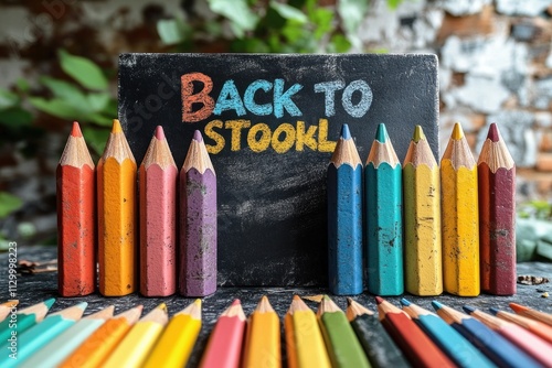 Oversized Colored Pencils Around Back to School Blackboard Message photo