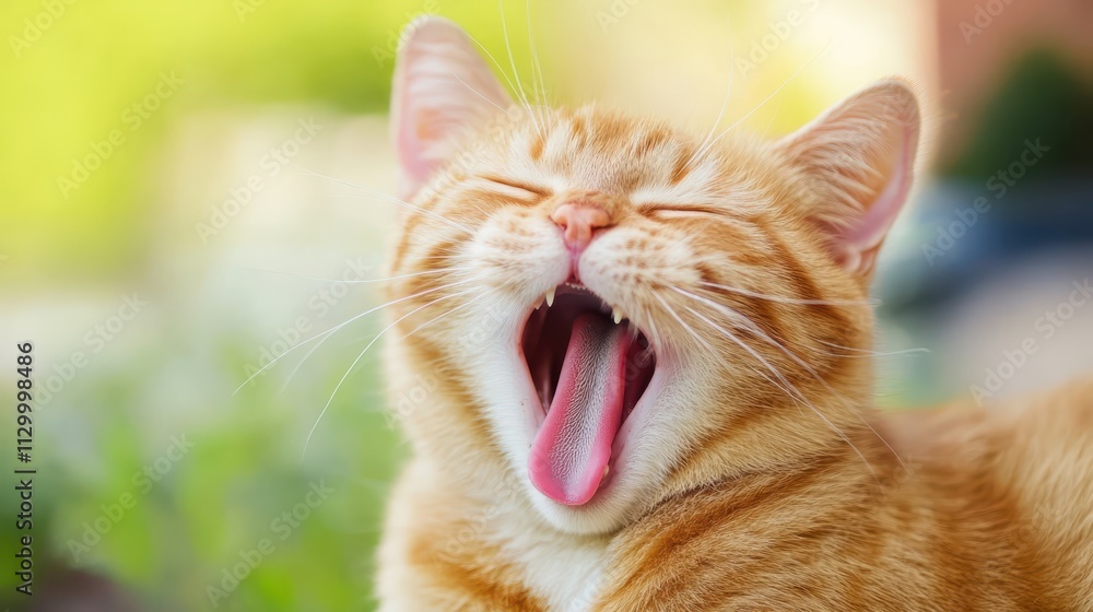 Fototapeta premium Orange Cat Mid-Yawn in Sunlit Green Garden with Cheerful Atmosphere