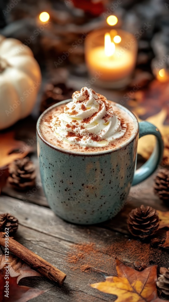 A cozy cup of coffee topped with whipped cream, surrounded by autumn decorations. A cozy cup of coffee topped with whipped cream, surrounded by autumn decorations.