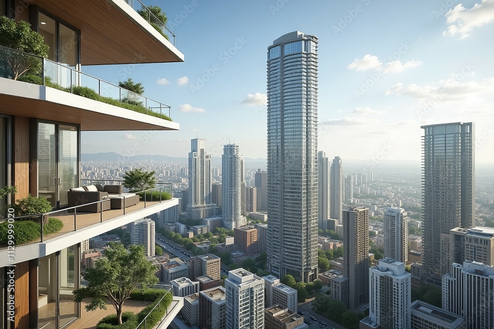 Obraz premium Modern City Apartment Balcony Overlooking Skyline