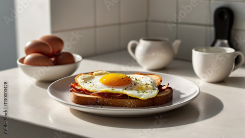 breakfast of sunny side up eggs with sliced ​​bacon and whole wheat toast