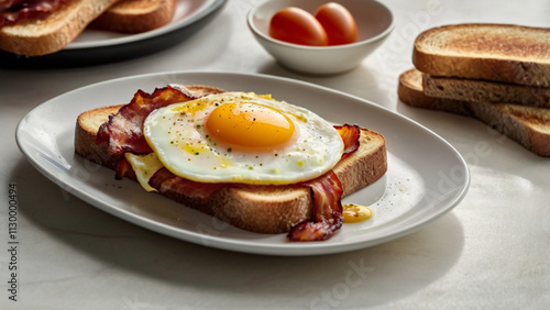 breakfast of sunny side up eggs with sliced ​​bacon and whole wheat toast