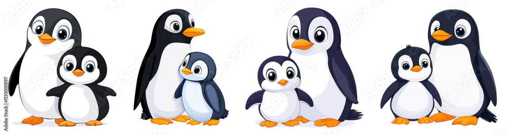 Fototapeta premium A playful group of cartoon penguins showcasing family bonds and friendly interactions.