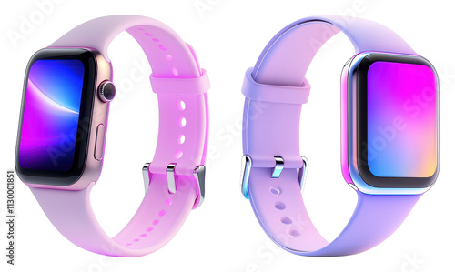 Two stylish smartwatches with vibrant displays and pastel-colored bands, showcasing modern design and technology.
