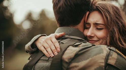 A military spouse hugging their partner in uniform before deployment, with an emotional expression. photo