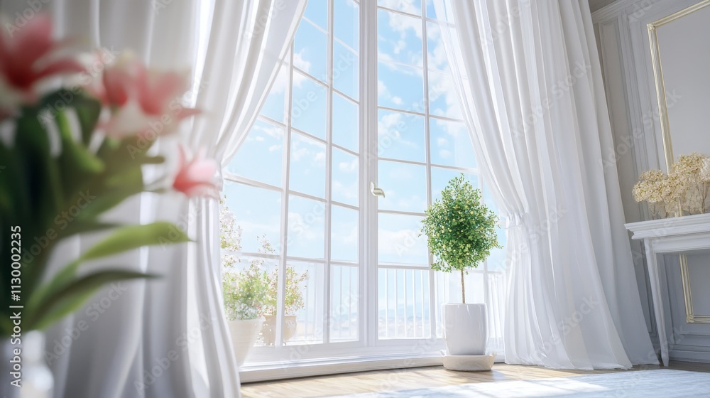 1.Concept 1: White color curtains on window at home 1.Concept 1: White color curtains on window at home