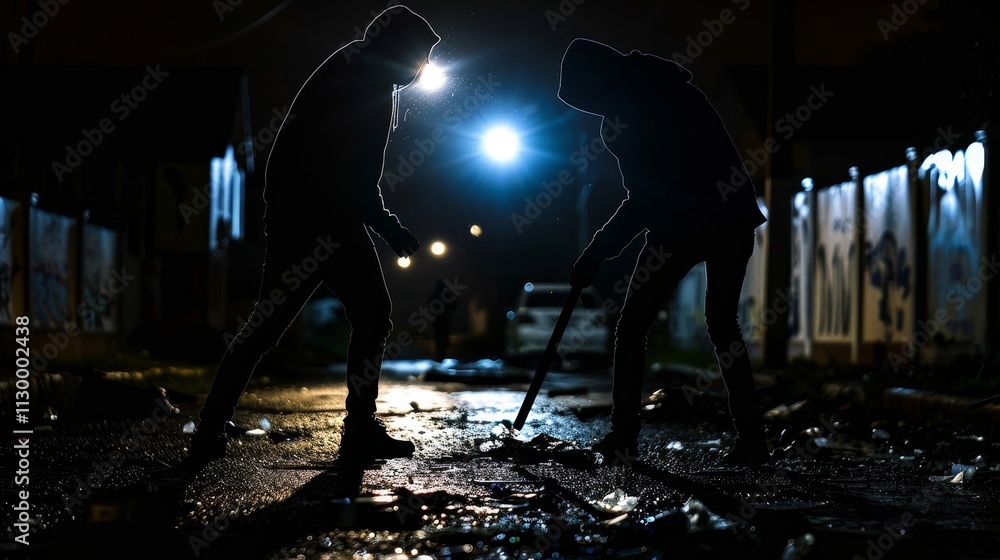 Dark alley at night with two shadowy figures in hoodies facing each other, one holding a baseball bat, tension palpable in the dimly lit urban environment. Dark alley at night with two shadowy figures in hoodies facing each other, one holding a baseball bat, tension palpable in the dimly lit urban environment.