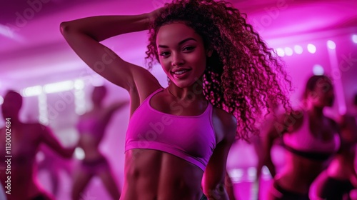 Fit Woman Dancing in Pink Neon Studio, Fitness Class