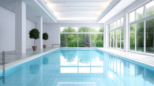 Chic indoor swimming pool with a minimalist design, featuring large windows that allow plenty of natural light photo