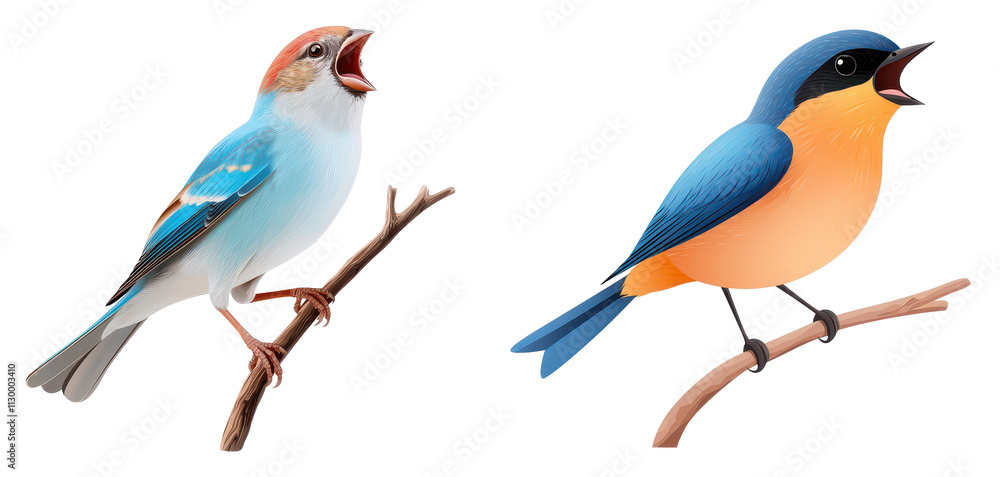 Fototapeta premium Two colorful birds perched on branches, vocalizing with open beaks, showcasing vibrant plumage and distinct features.