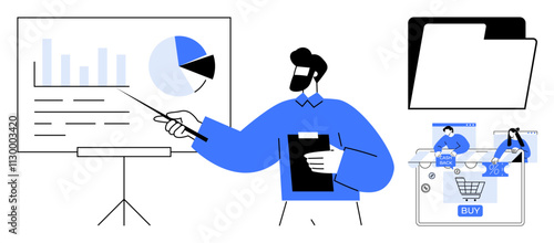 Man pointing to presentation board with charts, holding clipboard. Folder icon, online shopping icons with carts, Buy button. Ideal for business, data analysis, e-commerce, presentations project
