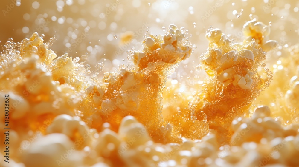 Close-up of popcorn popping in hot oil, bubbles rising. Perfect for food blogs, commercials, or any project needing a delicious, vibrant feel. Close-up of popcorn popping in hot oil, bubbles rising. Perfect for food blogs, commercials, or any project needing a delicious, vibrant feel.