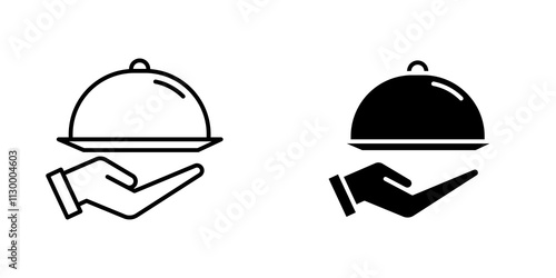 Hand holding tray outlined and solid icon vector collection.