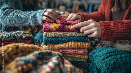 Volunteers organizing a swap event for clothes and household items to encourage reuse Stock Photo with side copy space photo