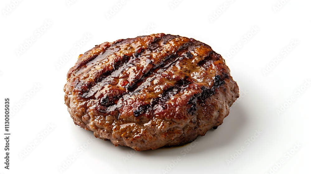 A delicious grilled hamburger meat patty, showcasing its texture and smoky char marks, centered on a white background. A delicious grilled hamburger meat patty, showcasing its texture and smoky char marks, centered on a white background.
