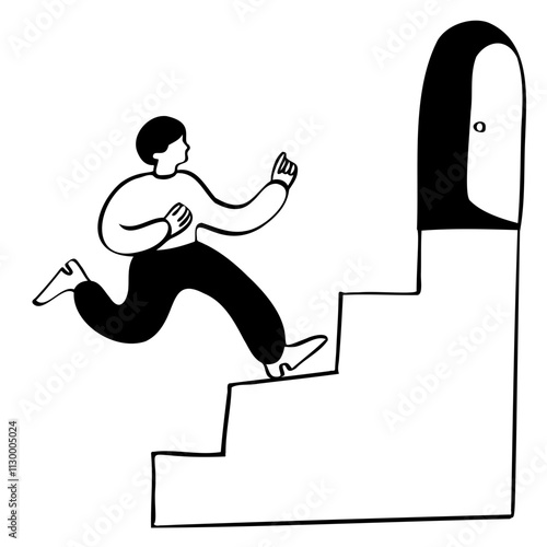 Man running up the stairs to the open door