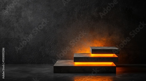 Illuminated concrete steps against dark wall.