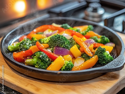 A sizzling stir-fry of colorful vegetables in a cast iron skillet, ready to serve.
