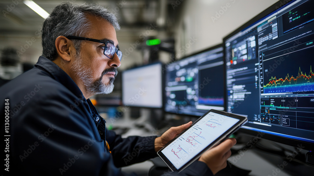 focused worker in industrial control room analyzing data on tablet and multiple monitors focused worker in industrial control room analyzing data on tablet and multiple monitors