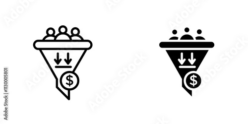 Sales funnel outlined and solid icon vector collection.