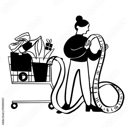 Woman with shopping cart looking at receipt